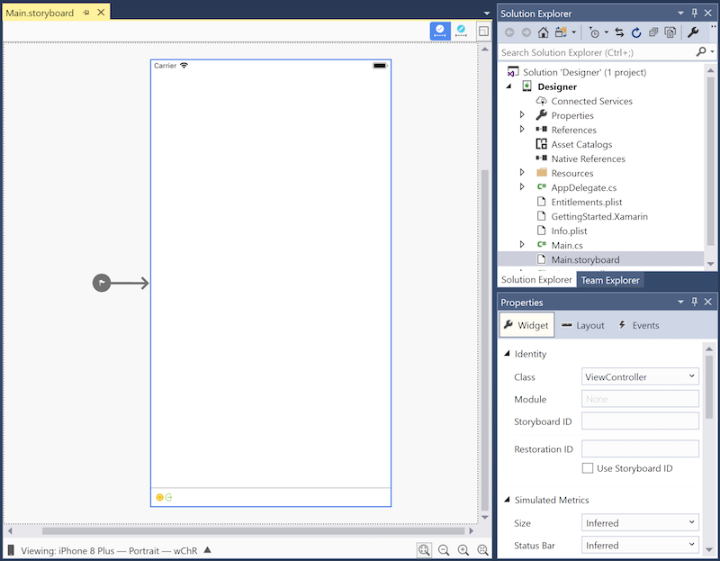 A storyboard open in the iOS Designer