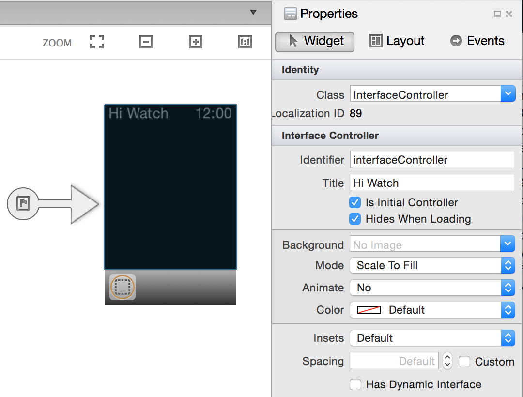 Set the Identifier and Title of the Interface Controller to interfaceController and Hi Watch