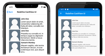 iOS および Android 上のテンプレート化された CardViewUI オブジェクトのスクリーンショット