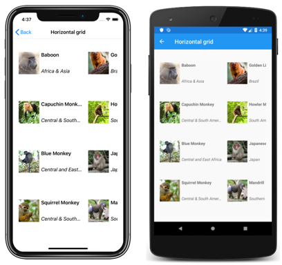 iOS および Android での、CollectionView 横方向グリッド レイアウトのスクリーンショット