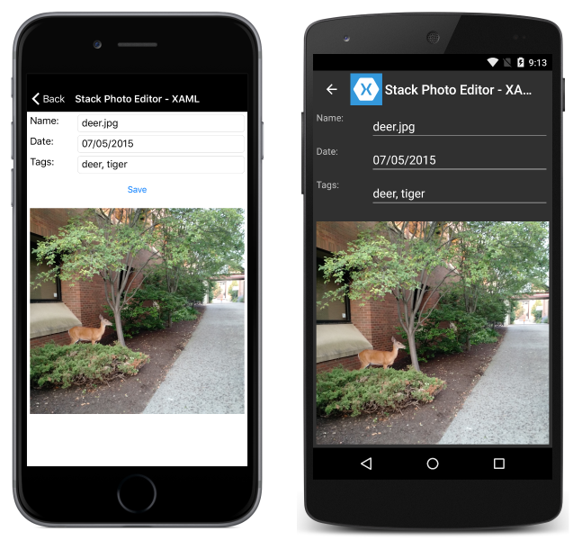 スクリーンショットは、縦向きの写真アプリケーション StackLayout を示しています。