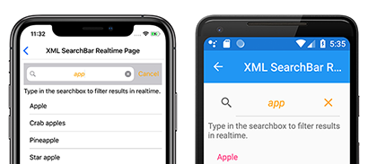 iOS と Android のカスタマイズされた SearchBar のスクリーンショット