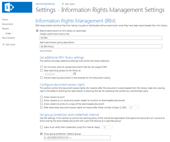 Information Rights Management の設定。