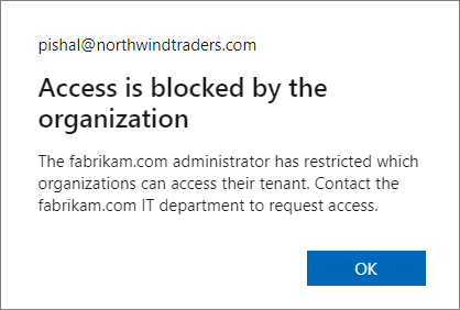 別のMicrosoft Entraテナントが暗号化されたコンテンツへのアクセスをブロックした場合のメッセージ例。