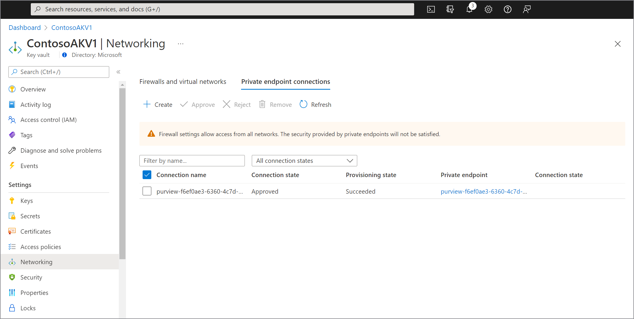 Azure portalの Azure Key Vaultの承認済みプライベート エンドポイントを示すスクリーンショット