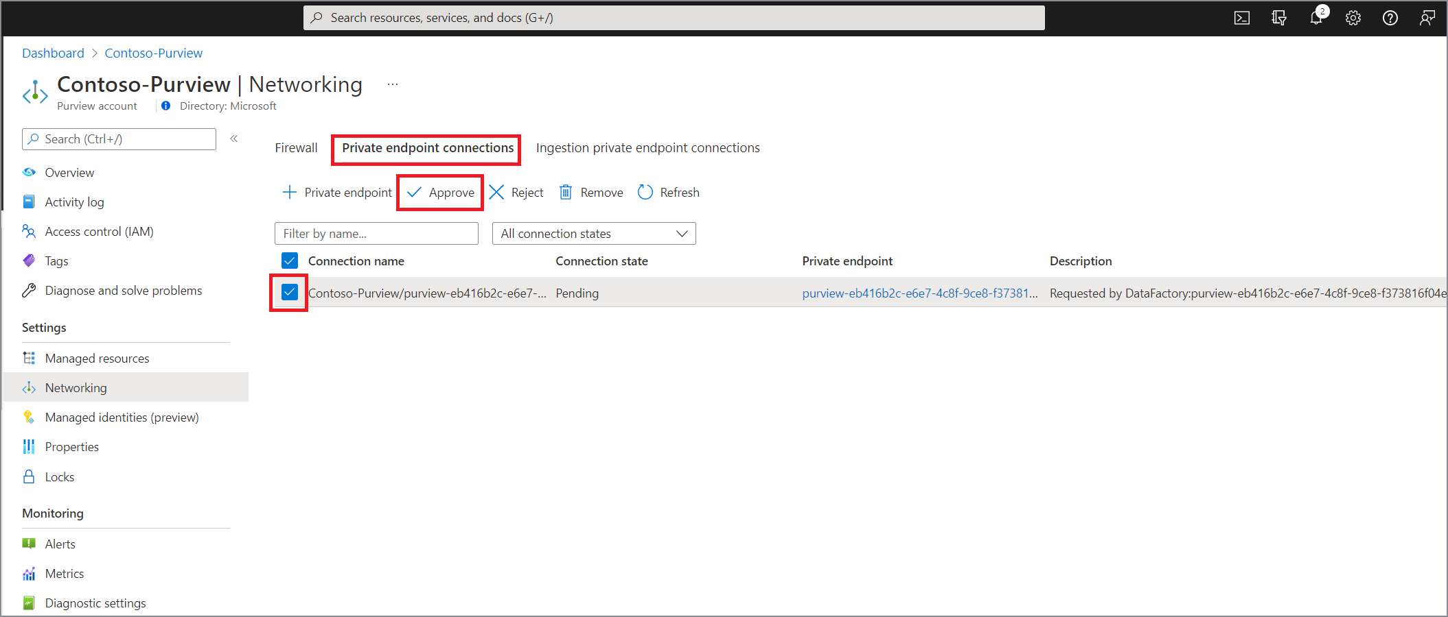 Microsoft Purview のマネージド プライベート エンドポイントを承認する方法を示すスクリーンショット