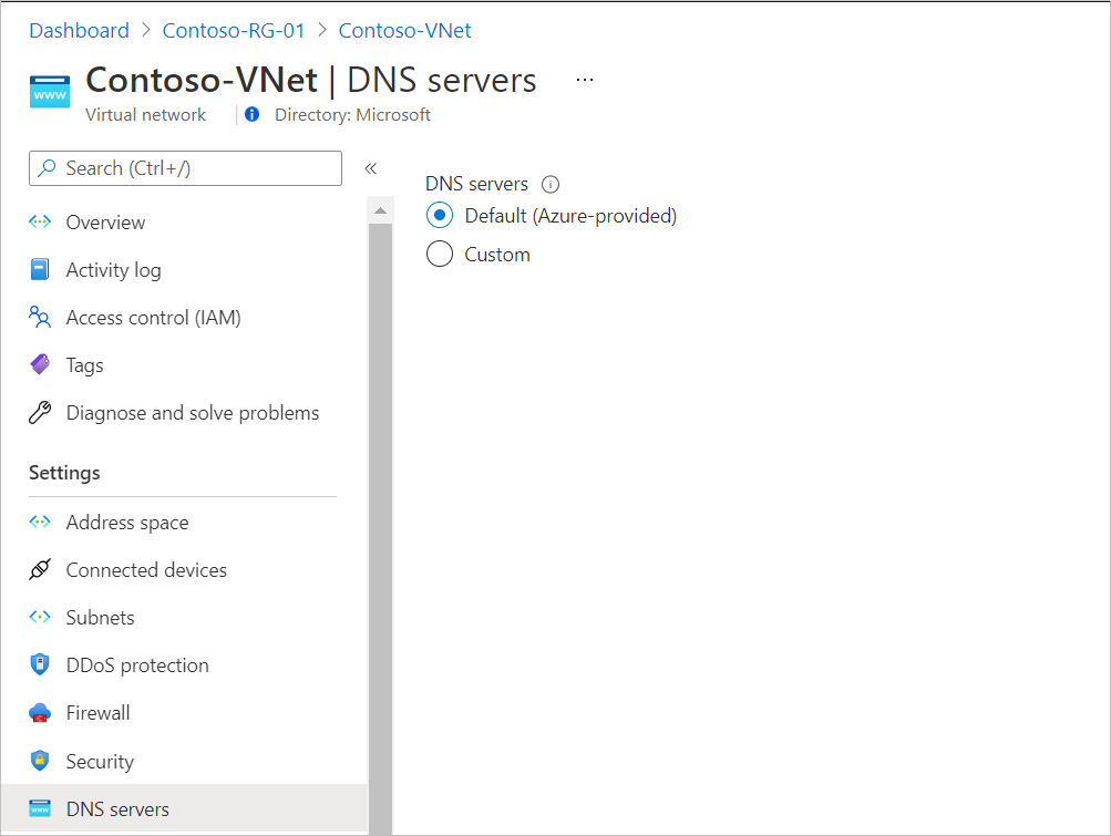 Azure 仮想ネットワークのカスタム DNS を示す図