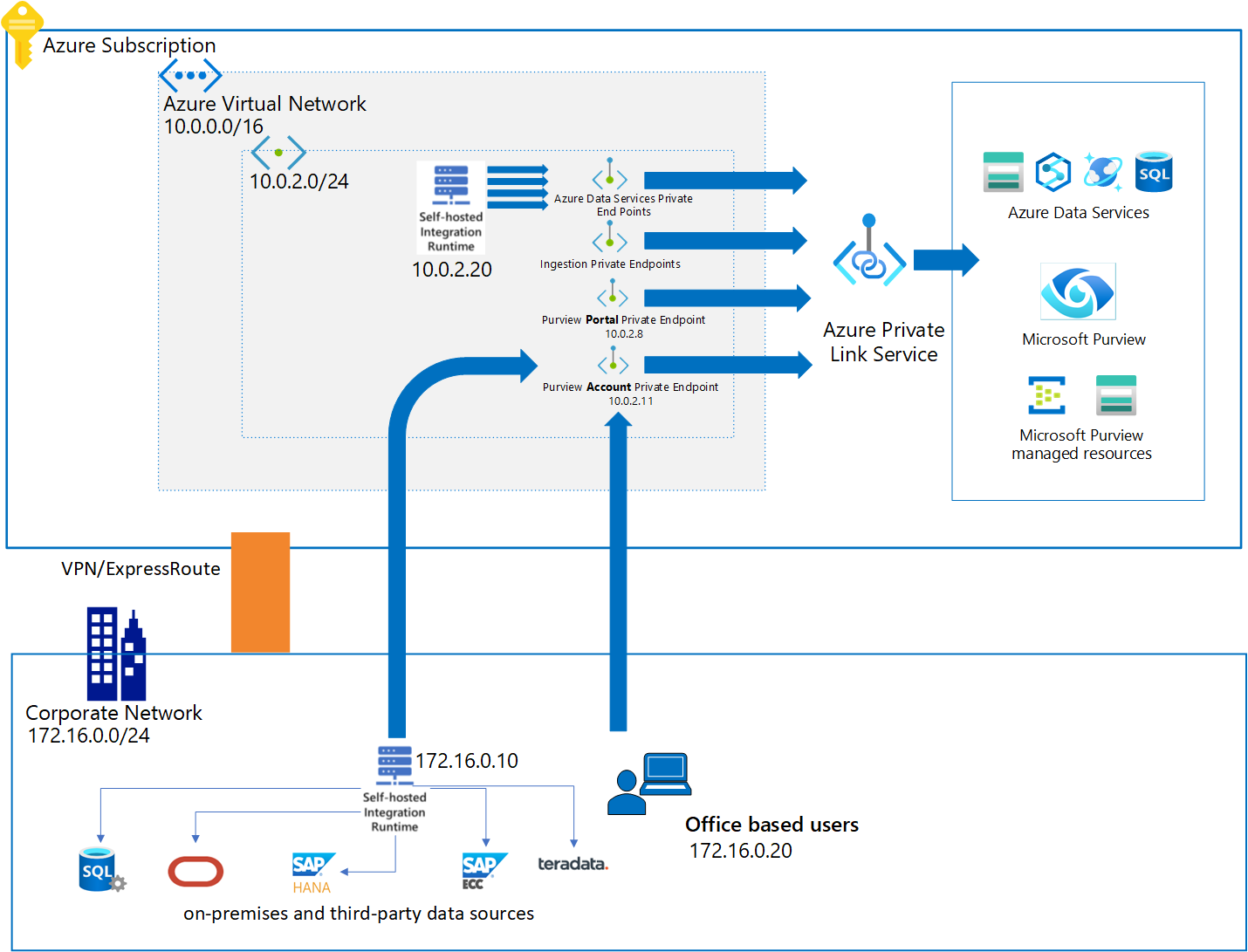 Microsoft Purview と Private Link アーキテクチャを示す図。