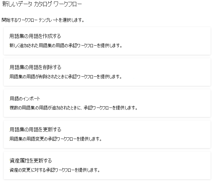 使用可能なテンプレートの例として、データ カタログ ワークフロー テンプレートのスクリーンショット。