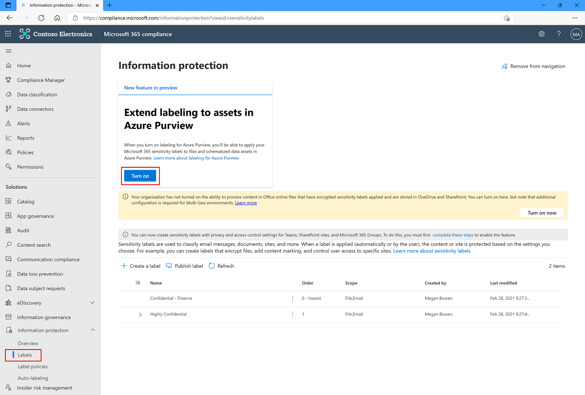 [オンにする] ボタンを選択して、秘密度ラベルを Microsoft Purview に拡張します