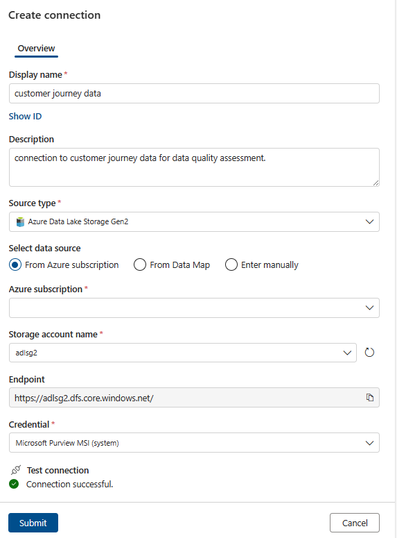 Microsoft Purview データ品質のセットアップ接続ページのスクリーンショット。