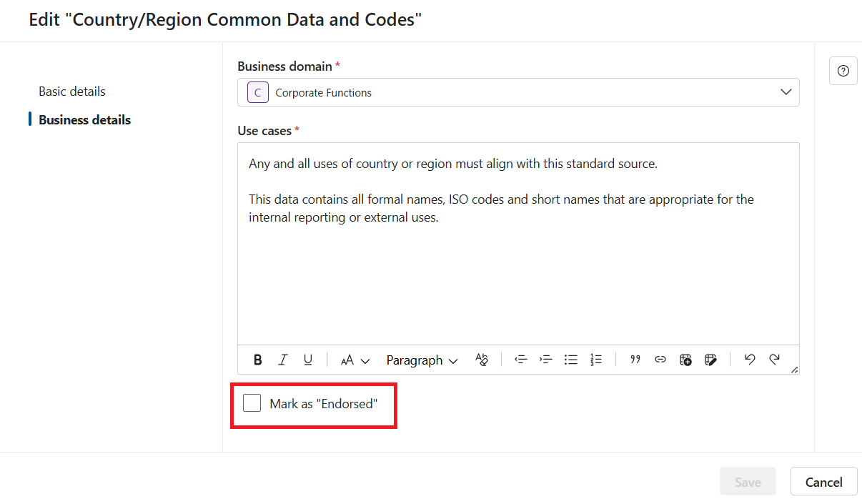 Screenshot of the edit page for a governance domain under the business details tab with the mark as endorsed button highlighted.