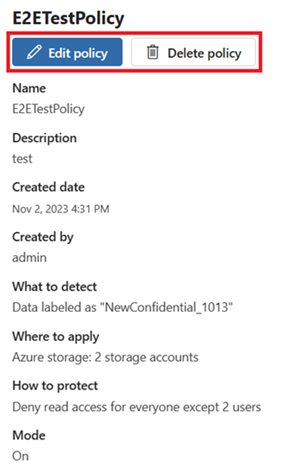 [編集] ボタンと [削除] ボタンが強調表示されているポリシーの詳細ページのスクリーンショット。