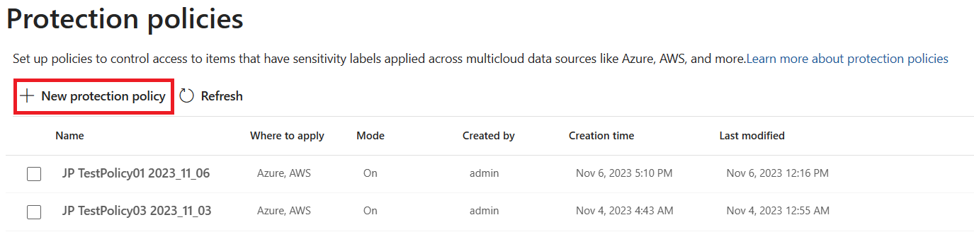 [+ 新しい保護ポリシー] ボタンが強調表示されている [保護ポリシー] ページのスクリーンショット。