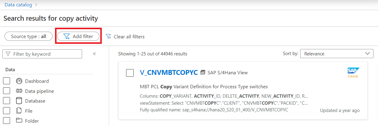 Data Catalogの検索で強調表示されている [フィルターの追加] ボタンを示すスクリーンショット。