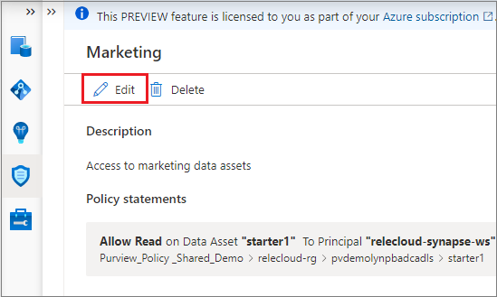 データ所有者がポリシー ステートメントを編集または削除できることを示すスクリーンショット。