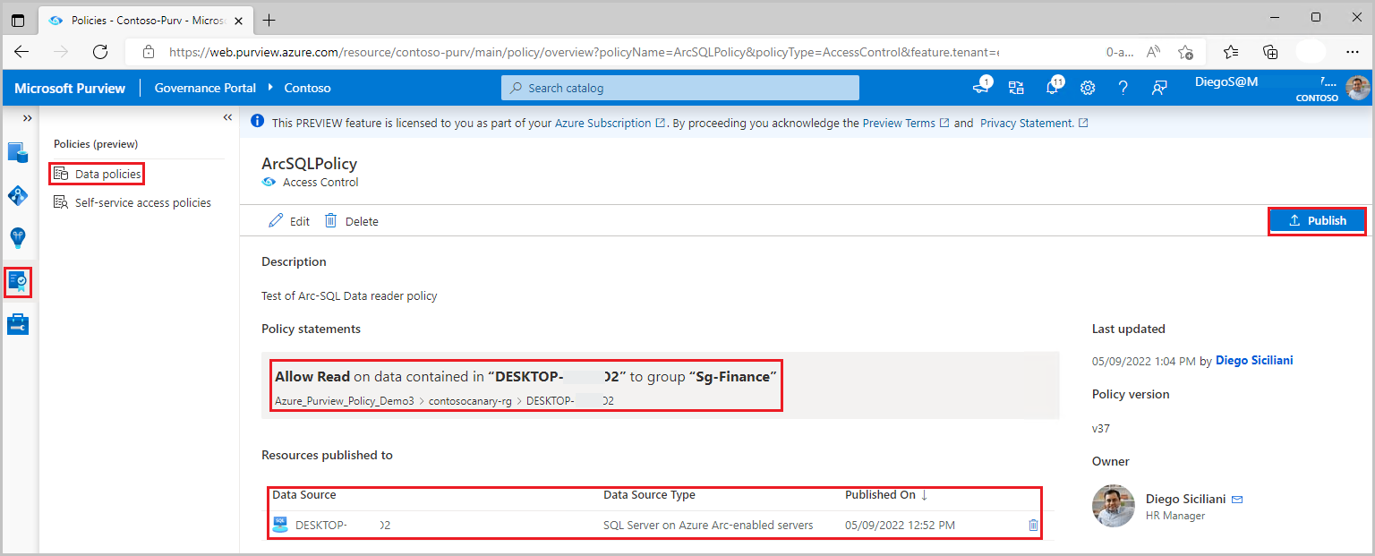 スクリーンショットは、Azure SQL データベースへのアクセス権を Data Reader に付与するサンプル データ所有者ポリシーを示しています。