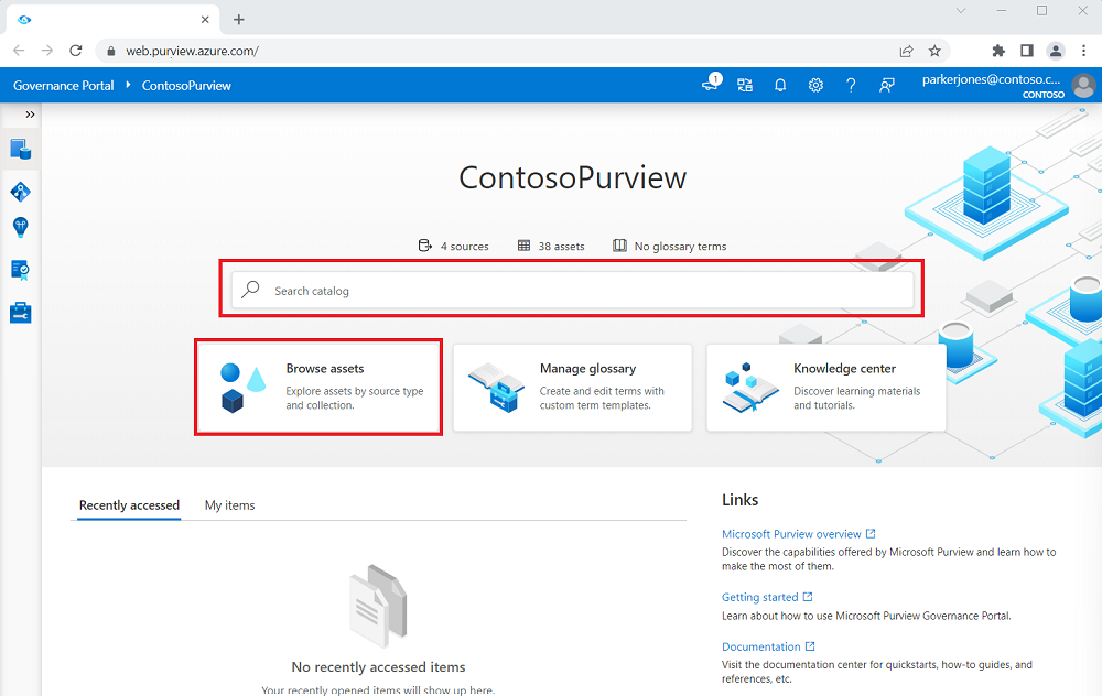 検索バーと参照ボタンが強調表示されている Microsoft Purview ガバナンス ポータルのスクリーンショット。