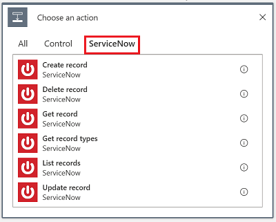 [ServiceNow] タブが選択されている [アクションの選択] メニューのスクリーンショット。