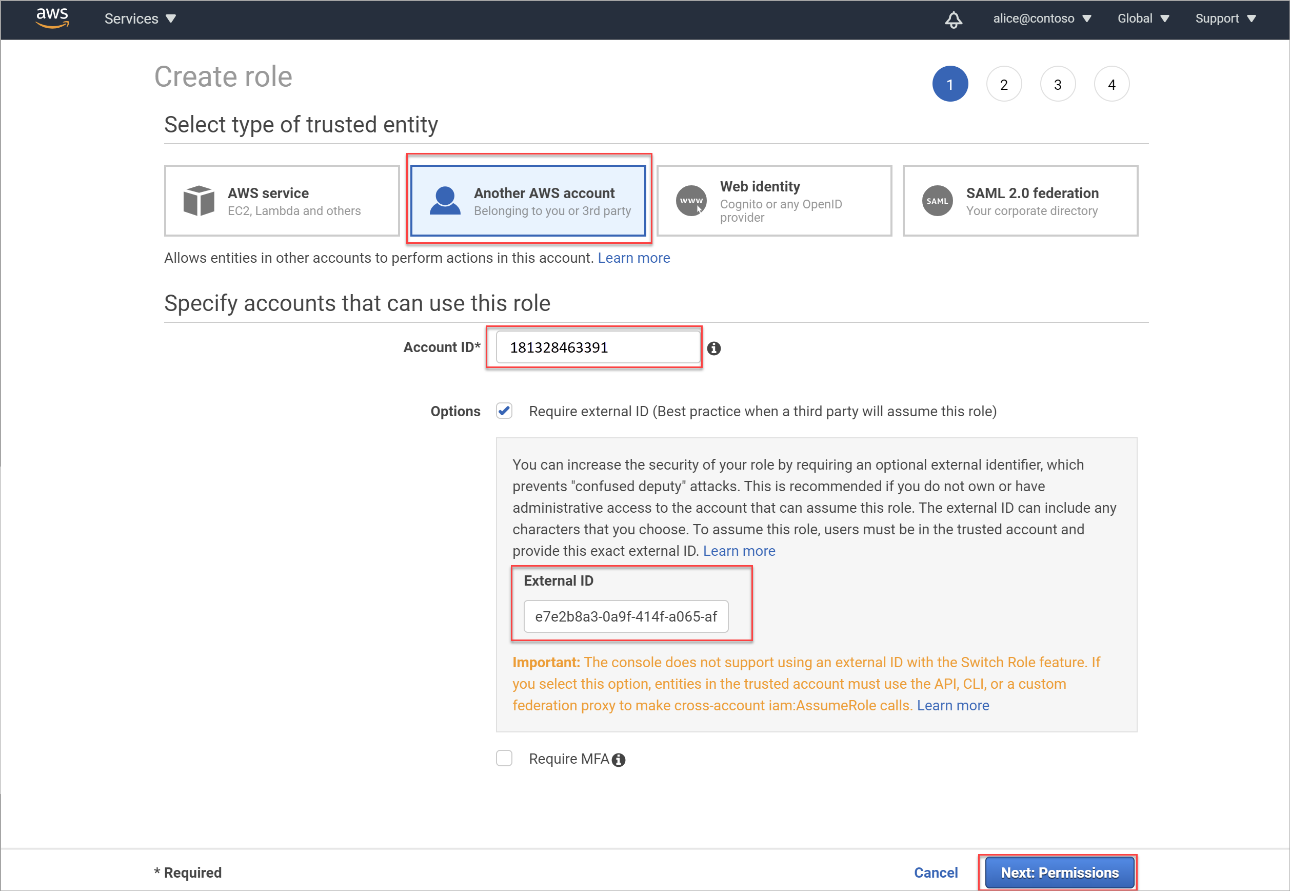 AWS アカウントに Microsoft アカウント ID を追加します。