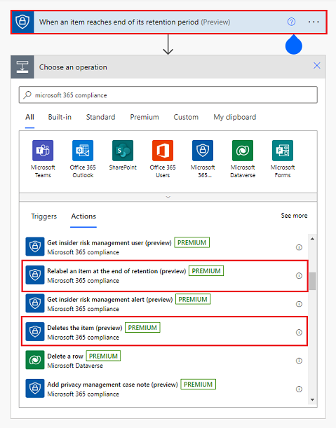 アイテムが保持期間の終了に達したときの Power Automate フローの構成。