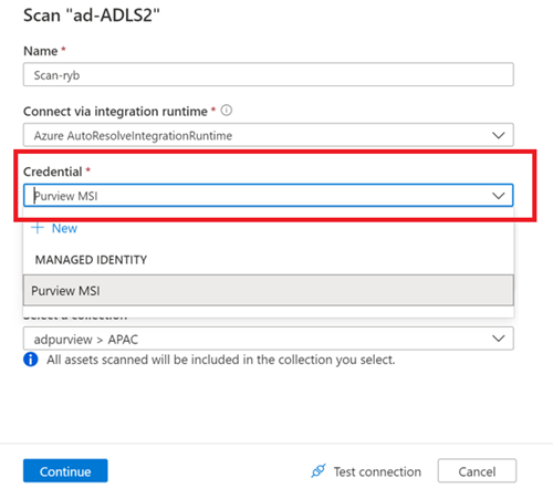 スキャンを実行するマネージド ID オプションを示すスクリーンショット。