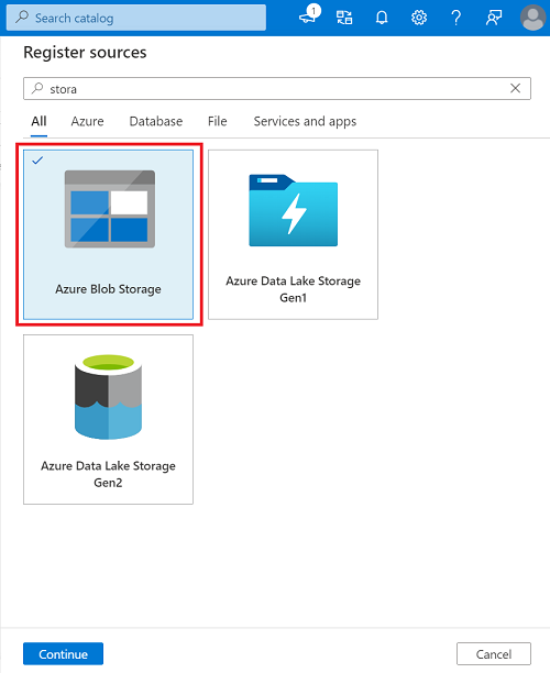 複数のソースを登録するための画面の Azure Multiple のタイルを示すスクリーンショット。