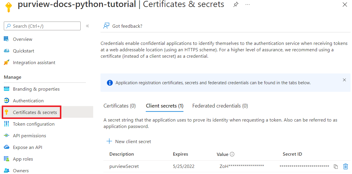 Azure portalのサービス プリンシパル ページのスクリーンショット。[証明書] & [シークレット] タブが選択され、使用可能なクライアント証明書とシークレットが表示されています。