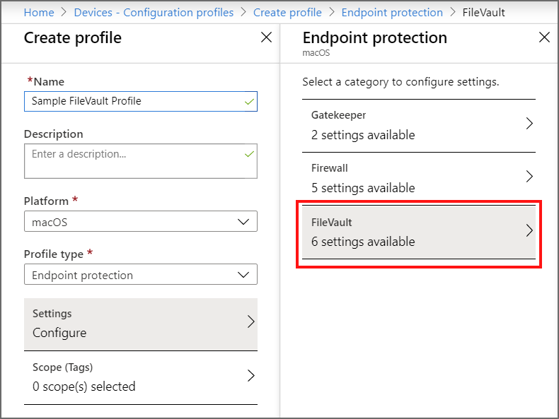 [プロファイルの作成] の [Endpoint protection] の下にある File Vault のスクリーンショット。