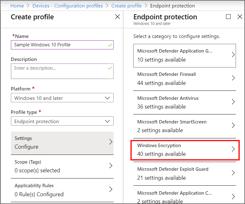 [プロファイルの作成] の [Endpoint protection] のスクリーンショット。