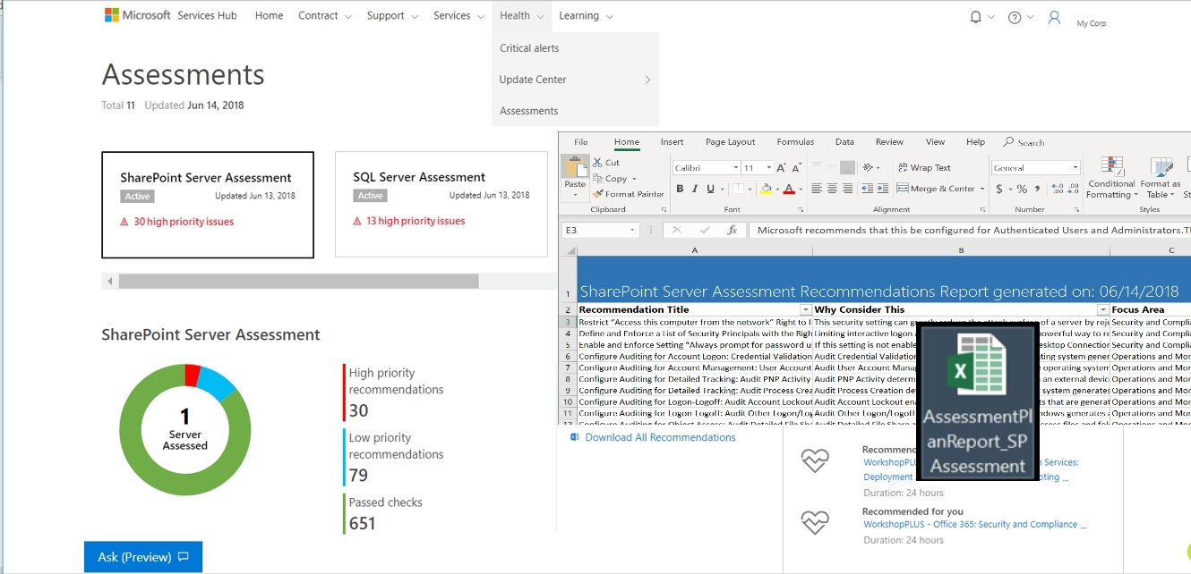 オンデマンド評価の推奨事項が Excel ファイルとしてダウンロードされたことを示す Microsoft Services Hub ウィンドウ。