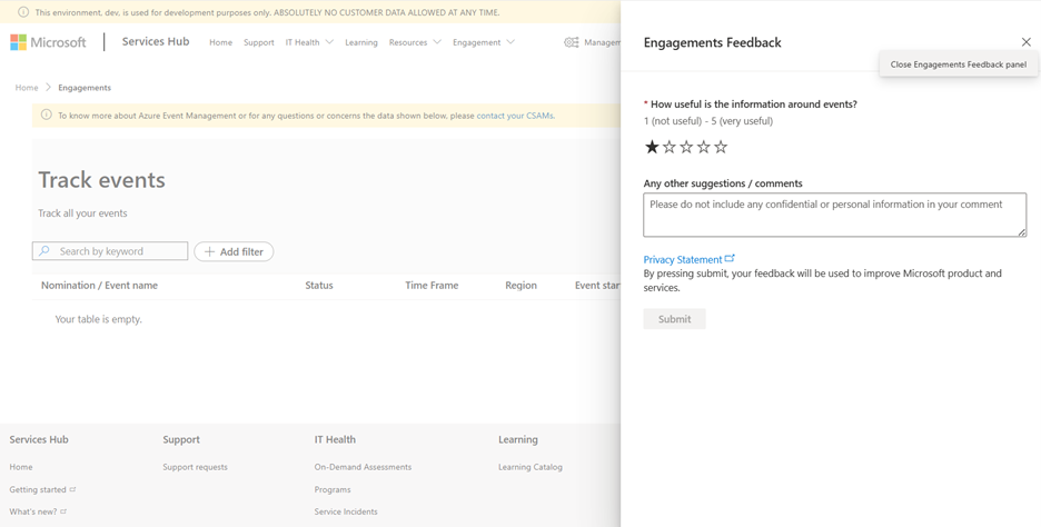 [エンゲージメント フィードバック] サイド バーが表示されている Services Hub の [エンゲージメント] ページ。