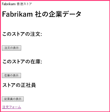 チェーン ストア アドインの開始ページには、ストアの在庫、注文、従業員を見るためのラベル付きの領域やボタンがあります。