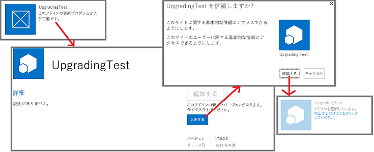 アプリを更新するための UI の手順