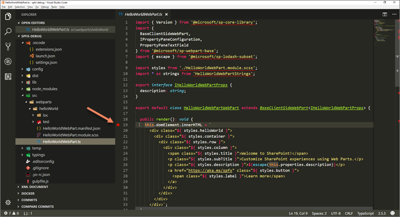 Visual Studio Code の SharePoint Framework クライアント側 Web パーツで構成されているブレークポイント
