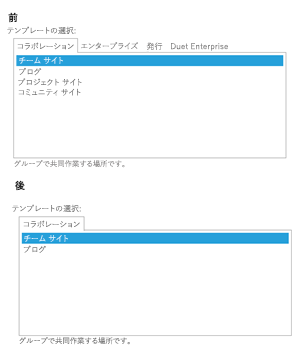 サンプルのフィルターが適用される前と後のサイト テンプレートの選択項目