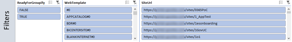 SharePoint グループ接続の準備レポートのスライサー