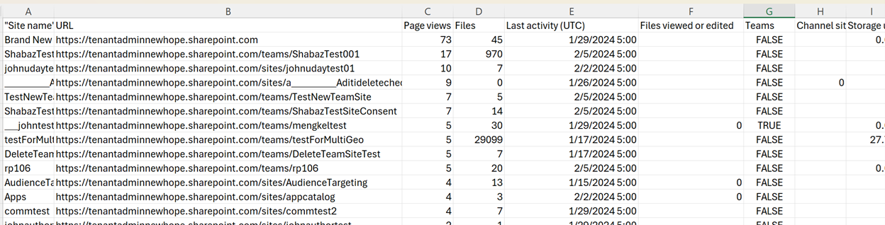 エクスポートされた csv ファイルのスクリーンショット