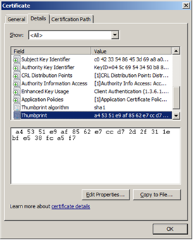 The thumbprint can be obtained from the Certificate panel