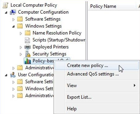 [ポリシー ベースの QoS] を右クリックした後に選択された [新しいポリシーの作成] オプションを示すスクリーンショット。