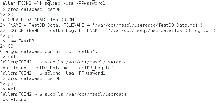 sqlcmd コマンドとコマンドへの応答のスクリーンショット。