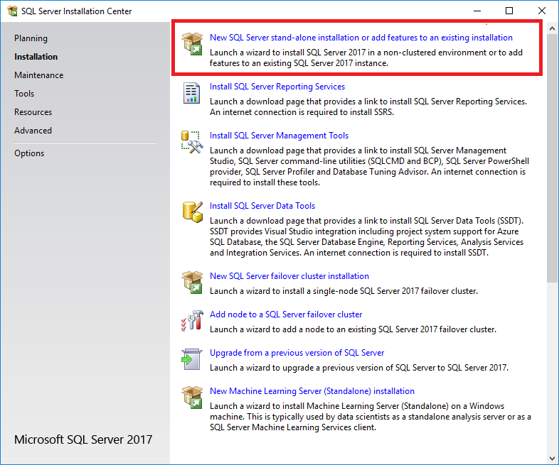 SQL Server スタンドアロン インストールを作成し、既存のインストールに機能を追加するオプションを示すスクリーンショット。