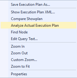 [実際の実行プランの分析] の右クリックを示すスクリーンショット。
