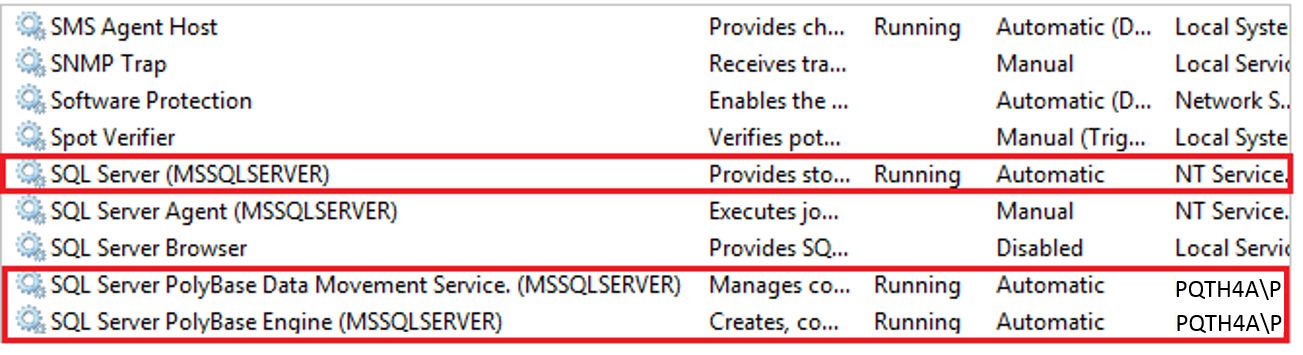 PolyBase サービスを示す SQL Server 構成マネージャーのスクリーンショット。