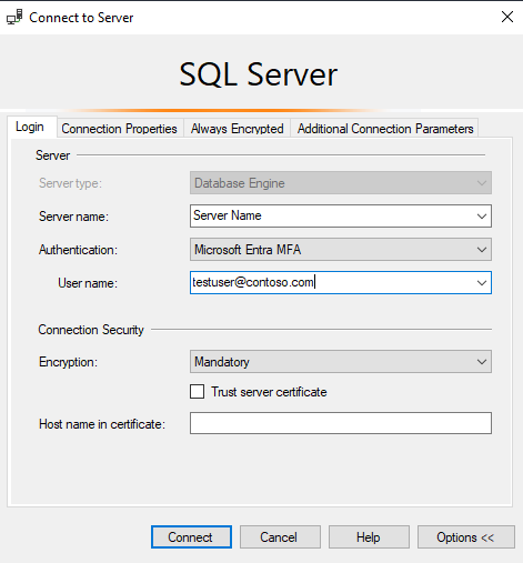 [サーバーへ接続] ウィンドウを表示した SSMS のスクリーンショット。