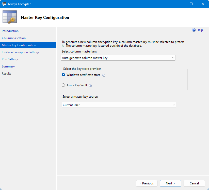 証明書ストアを使用した Always Encrypted ウィザードのマスター キーの選択を示すスクリーンショット。