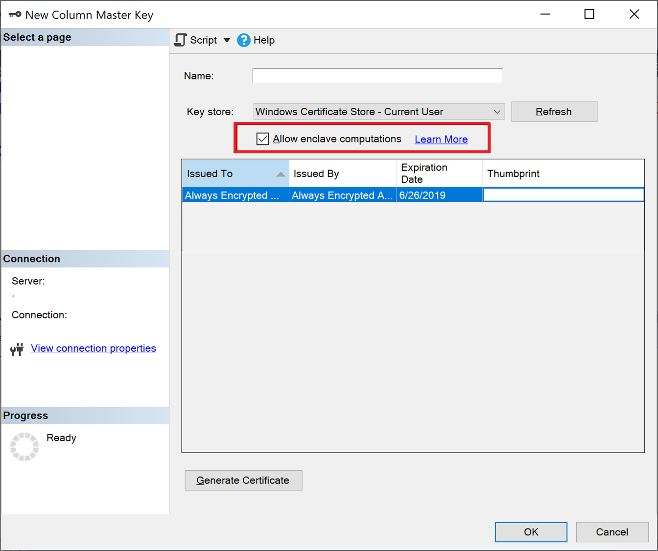 新しい列マスター キーを作成するときに SSMS で [エンクレーブ計算を許可する] をオンにしたスクリーンショット。