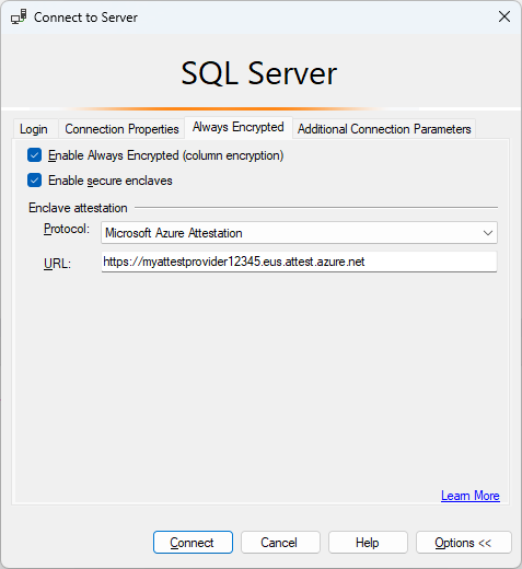 SSMS を使用して、構成証明を指定してサーバーに接続する