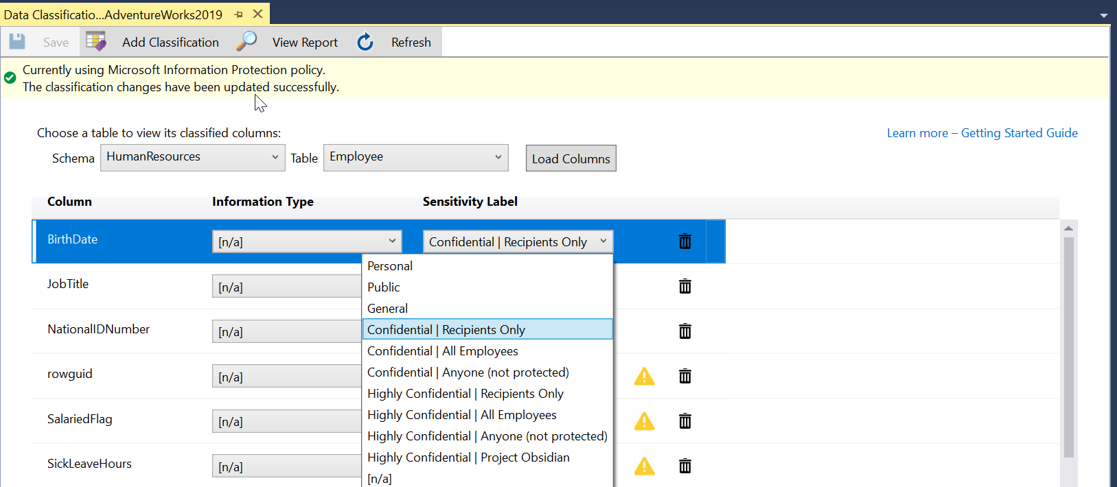 SSMS での Microsoft Information Protection ポリシーの秘密度ラベルの選択