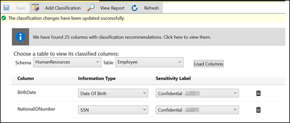 SSMS のデータ分類の分類済みの列の読み込みのスクリーンショット。